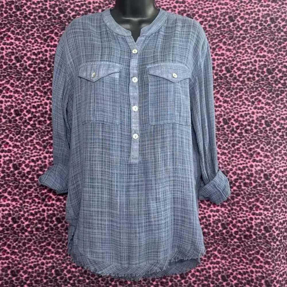 Free People Talk To Me Plaid Gauze Popover Frayed Hem Boho Tunic Top Size XS